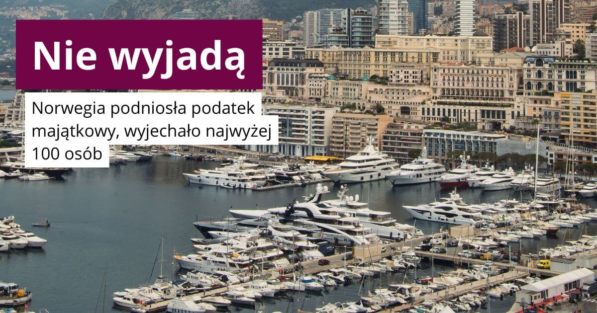 Port w Monako pełen luksusowych jachtów, na tle zabudowy miasta; w lewym górnym rogu bordowy box z napisem „Nie wyjadą” i podpis: Norwegia podniosła podatek majątkowy, wyjechało najwyżej 100 osób.