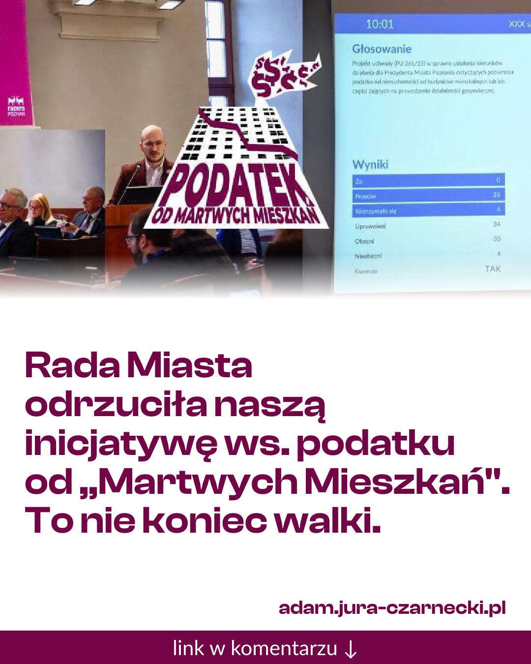 Grafika do udostępnienia: Rada Miasta odrzuciła naszą inicjatywę ws. podatku od „Martwych Mieszkań". To nie koniec walki.